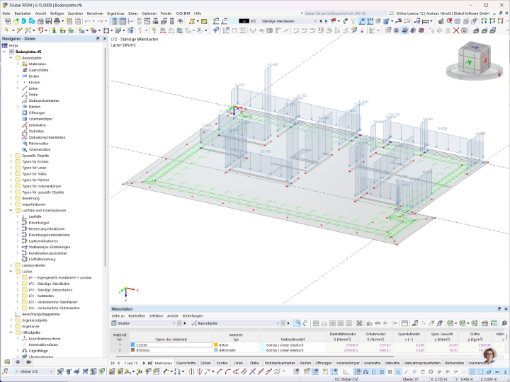 RFEM-Modell der Bodenplatte mit Hintergrundfolie und Wandlasten | © Aseman Engineering