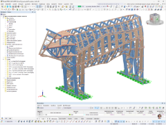 Detailliertes 3D-FEM-Modell eines Holzstiers in der Software RFEM, das die komplexe Fachwerkstruktur, Stützen, Querträger und das darunterliegende Fundament zeigt. Das Modell umfasst verschiedene Lastfälle wie Eigengewicht, Wind und Schnee sowie die Definition von Holzmaterialien für die statische Berechnung.