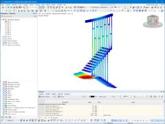 Modell der Treppe B in RFEM mit Lastfall und Verformungen