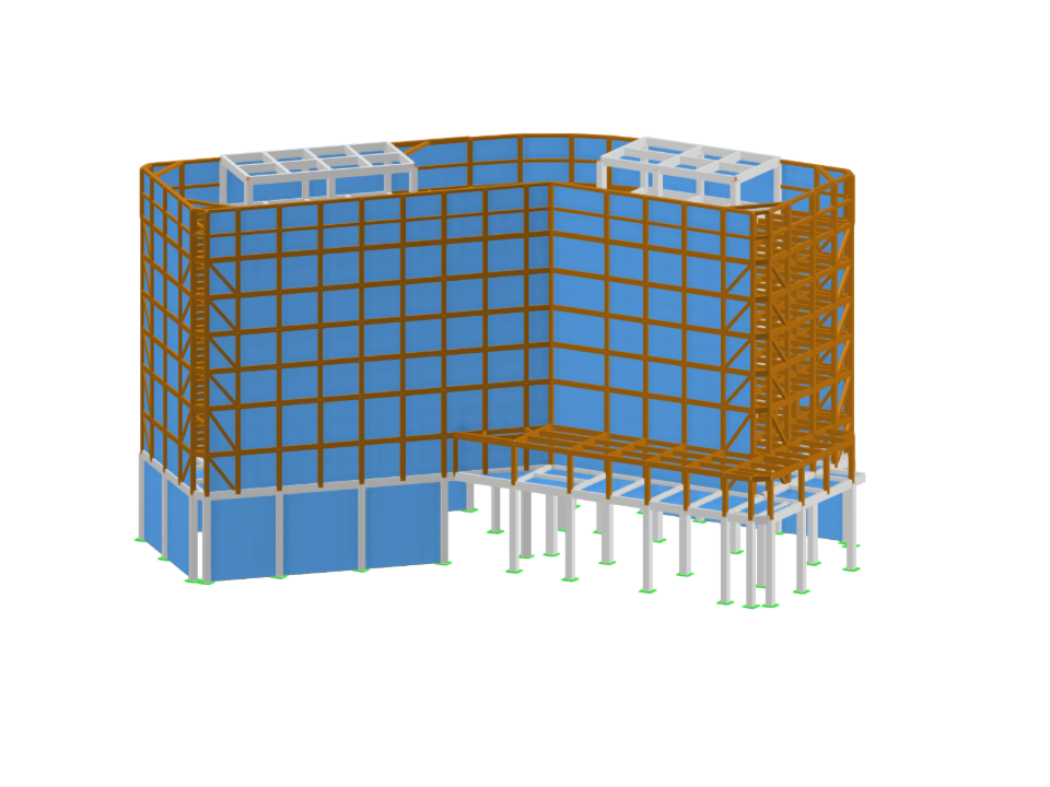 3D-Tragwerksmodell eines 7-stöckigen Gebäudes in Hybridbauweise mit Stahlbeton-Ortbetonstützen, Stahlverbunddecken und aussteifenden Wandscheiben im Grundgeschoss