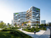 Siebenstöckiges Gebäude in Hybridbauweise mit Holz- und Glasfassade am Seeufer in China, renderinge visualization der Gebäudehülle.