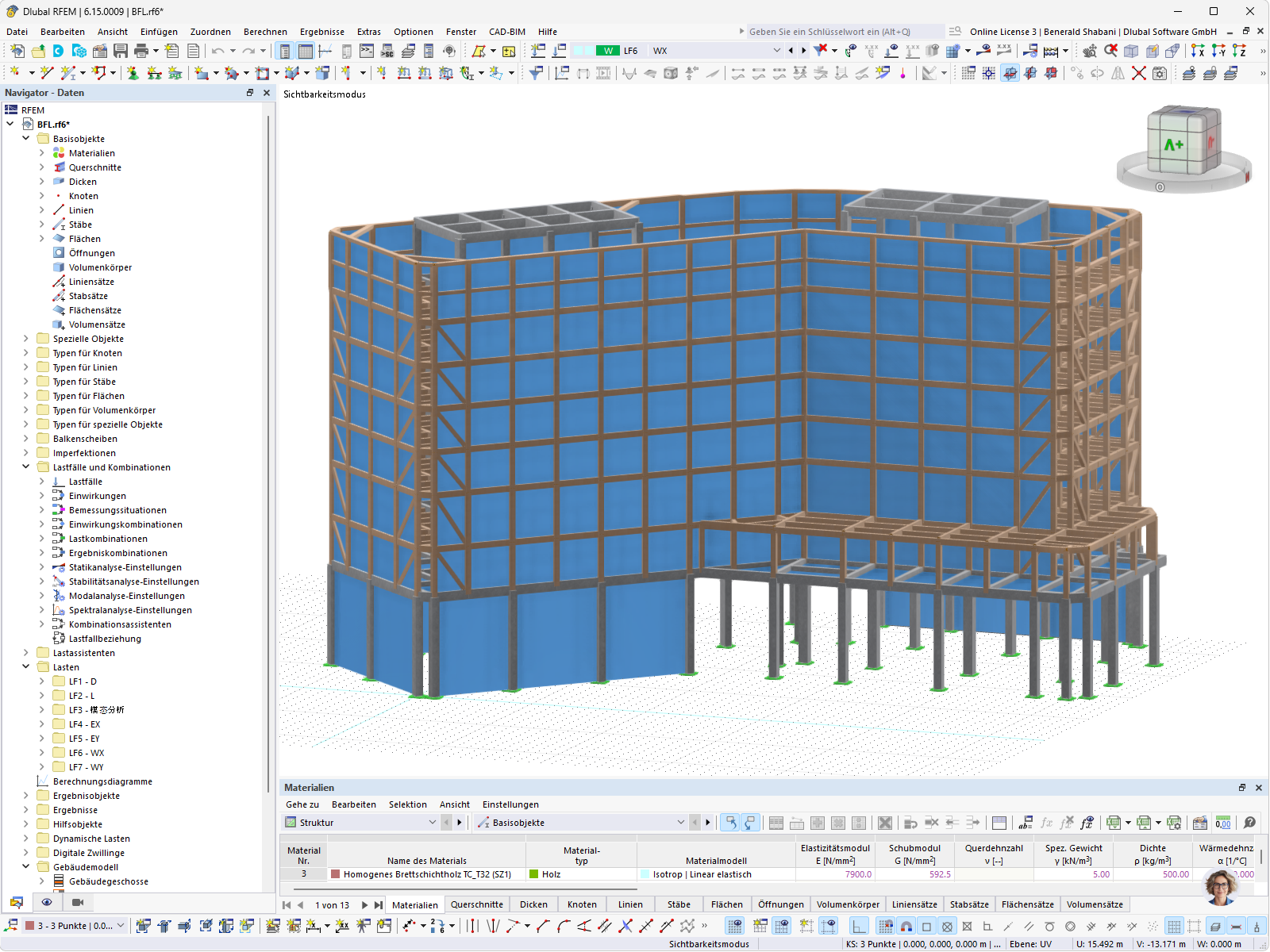 Siebenstöckiges Gebäude in Hybridbauweise mit Holz- und Stahltragwerk, modelliert in der Software RFEM mit Materialdefinition Brettsperrholz
