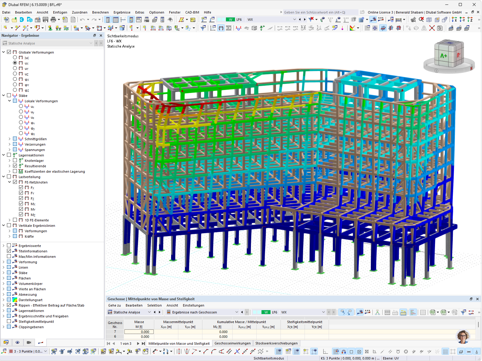 Windlastanalyse eines mehrgeschossigen Gebäude Tragwerks in RFEM mit farbiger Verformungsdarstellung und Tabelle der Massen- und Steifigkeitsmittelpunkte je Geschoss.