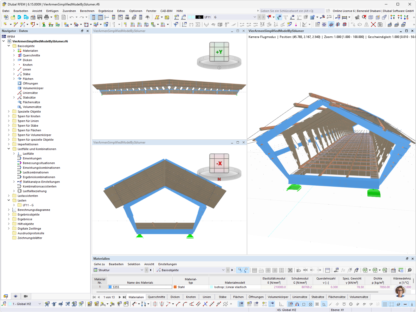 Fahrrad- und Fußgängerbrücke aus Holz als 3D-Modell in RFEM mit Stabwerken, Flächen und Materialdefinition Stahl S355