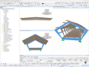 Fahrrad- und Fußgängerbrücke aus Holz als 3D-Modell in RFEM mit Stabwerken, Flächen und Materialdefinition Stahl S355