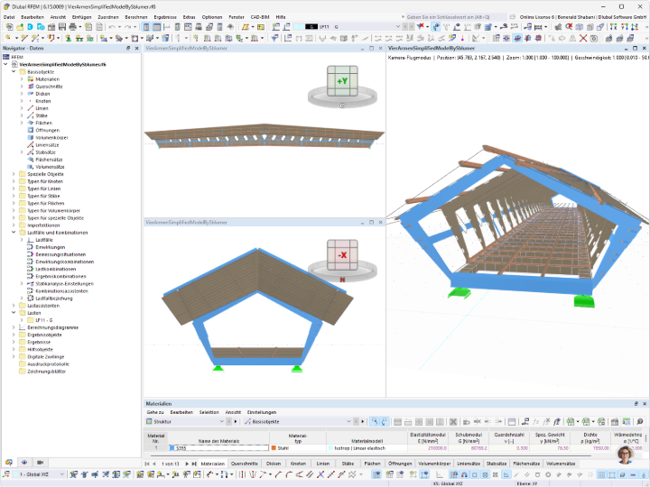 Fahrrad- und Fußgängerbrücke aus Holz als 3D-Modell in RFEM mit Stabwerken, Flächen und Materialdefinition Stahl S355