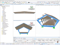 Fahrrad- und Fußgängerbrücke aus Holz als 3D-Modell in RFEM mit Stabwerken, Flächen und Materialdefinition Stahl S355