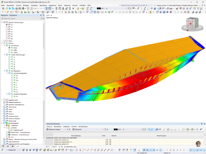 RFEM-Modell der Holzbrücke mit farblich dargestellter Verformung unter Belastung