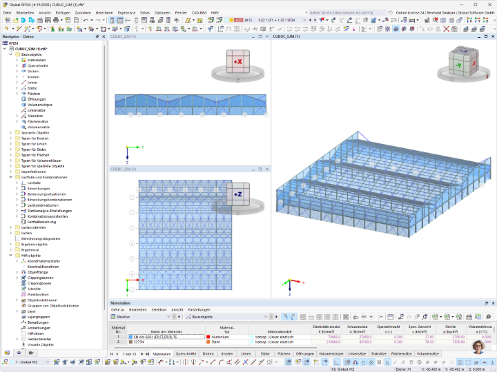 3D-RFEM-Modell der Konstruktion des Leichtbau-Sportkomplexes CUBUC in São João da Madeira, Portugal