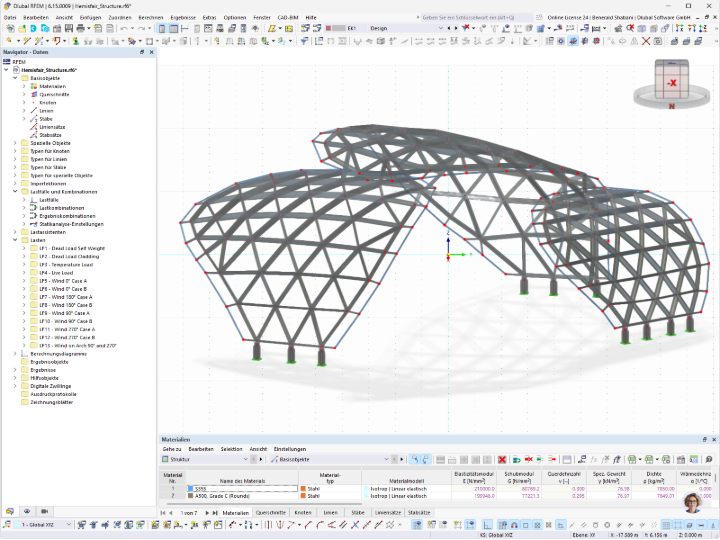 3D-RFEM-Modell der Stahlüberdachung „The Monarch San Antonio“ in Texas mit räumlichem Stabtragwerk und bogenförmiger Konstruktion.