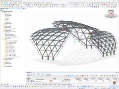 3D-RFEM-Modell der Stahlüberdachung „The Monarch San Antonio“ in Texas mit räumlichem Stabtragwerk und bogenförmiger Konstruktion.