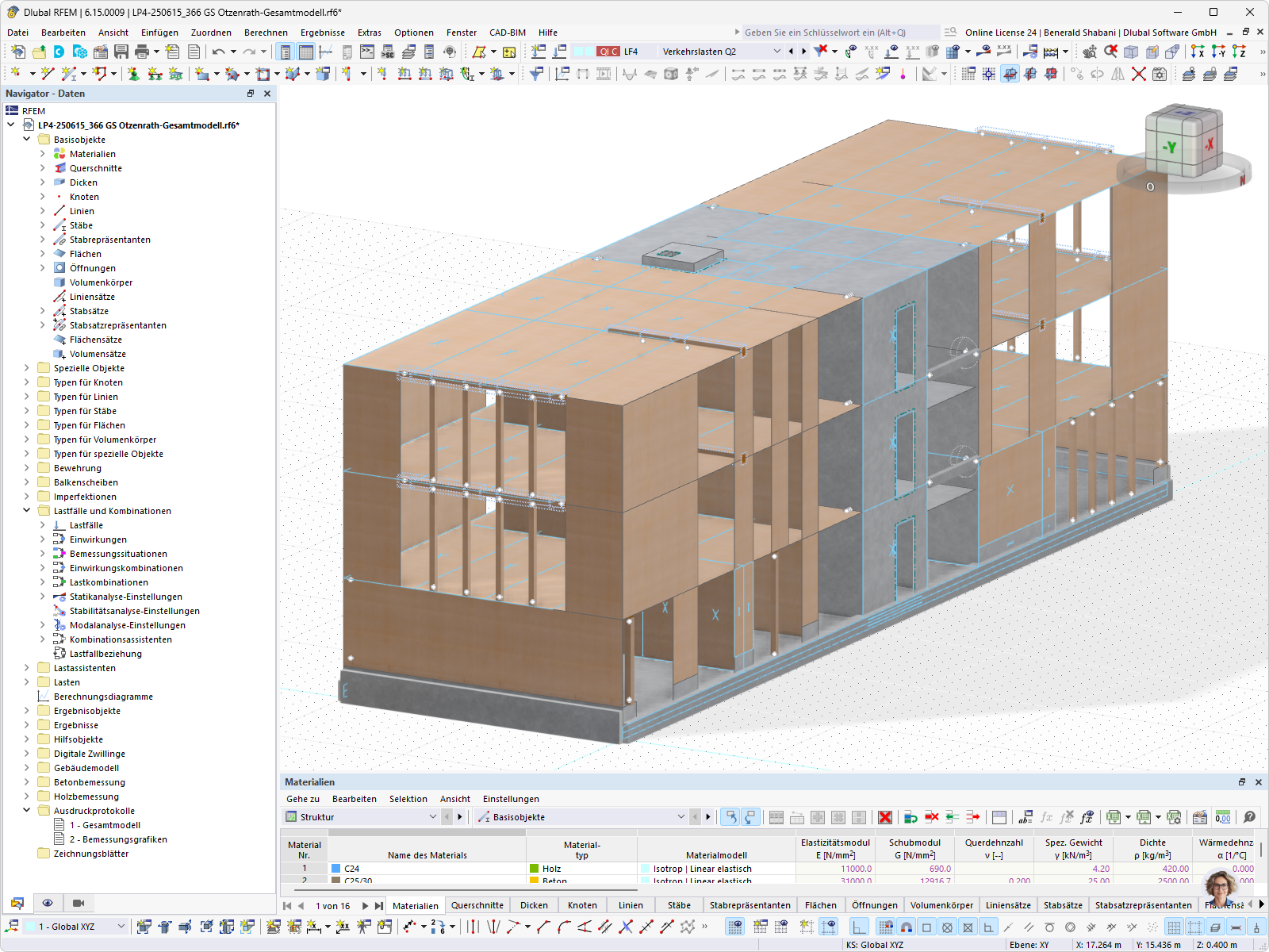 3D-Tragwerksmodell einer Grundschule in Hybridbauweise mit Holzdeckenelementen, Betonkernen und Aussteifungswänden in der Software RFEM dargestellt