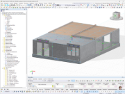 3D-Baumodell der Mensa der Grundschule Otzenrath in Hybridbauweise mit Holzdecke und Betonwänden, erstellt in RFEM mit Navigator, Lastfällen und Materialliste.