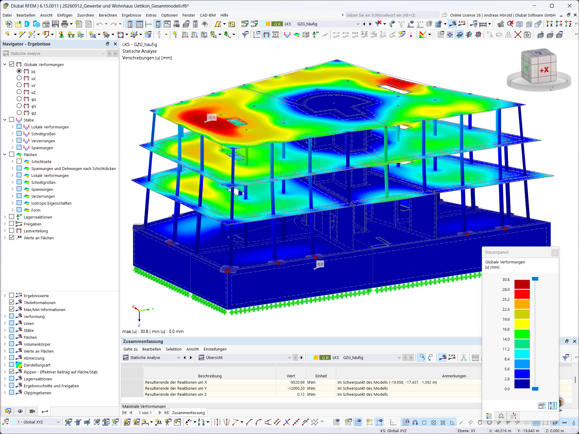 Globale Verformungen eines dreigeschossigen Wohn- und Geschäftshauses in RFEM