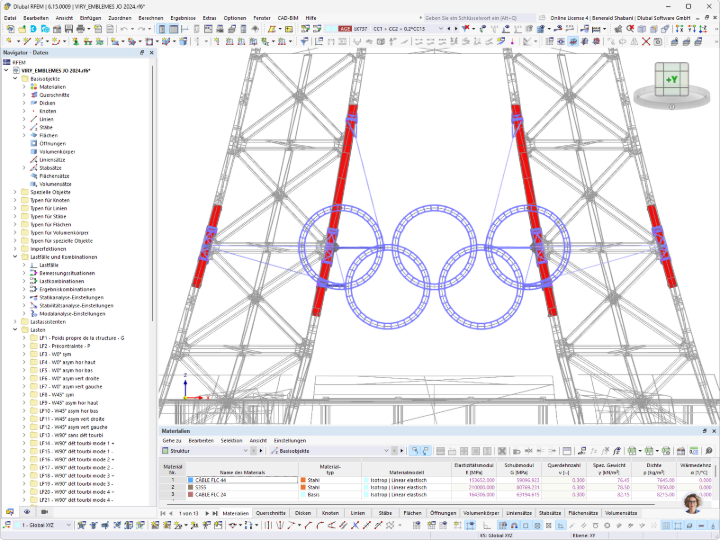 RFEM-Modell der Olympischen Ringe vor dem Eiffelturm in Paris mit Tragkonstruktion und Stahlstäben
