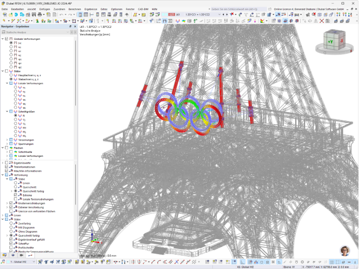 Verformungsbild der Olympischen Ringe am Eiffelturm unter Belastung in RFEM