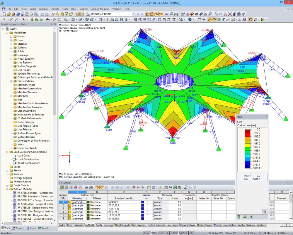 Tension Forces in Cables and Contour Lines After Form-Finding in RFEM
