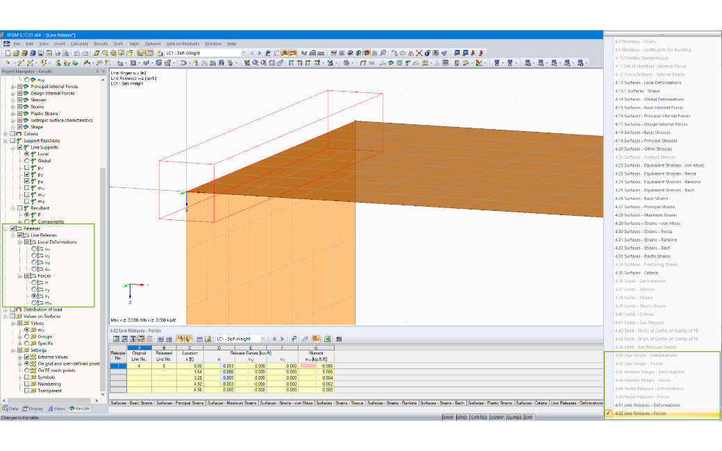 Graphical and tabular output of the forces of a line release