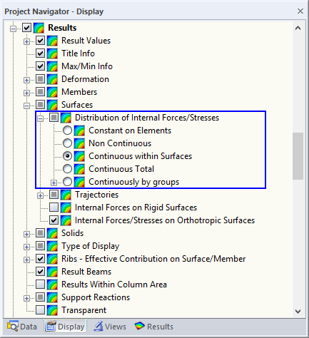 Options for Distribution of Internal Forces for Surfaces