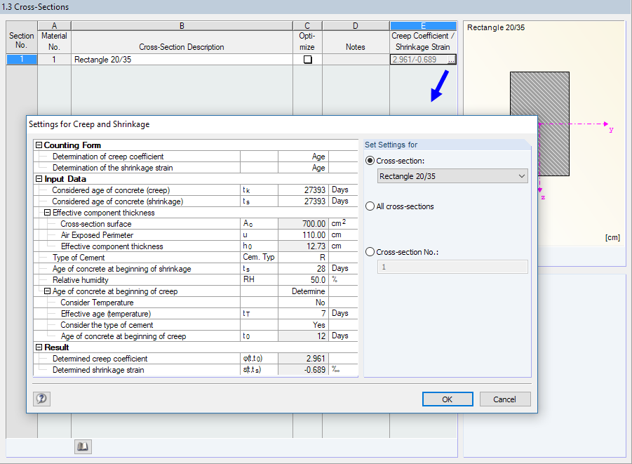 Window "1.3 Cross-Sections" with Settings for Creep and Shrinkage