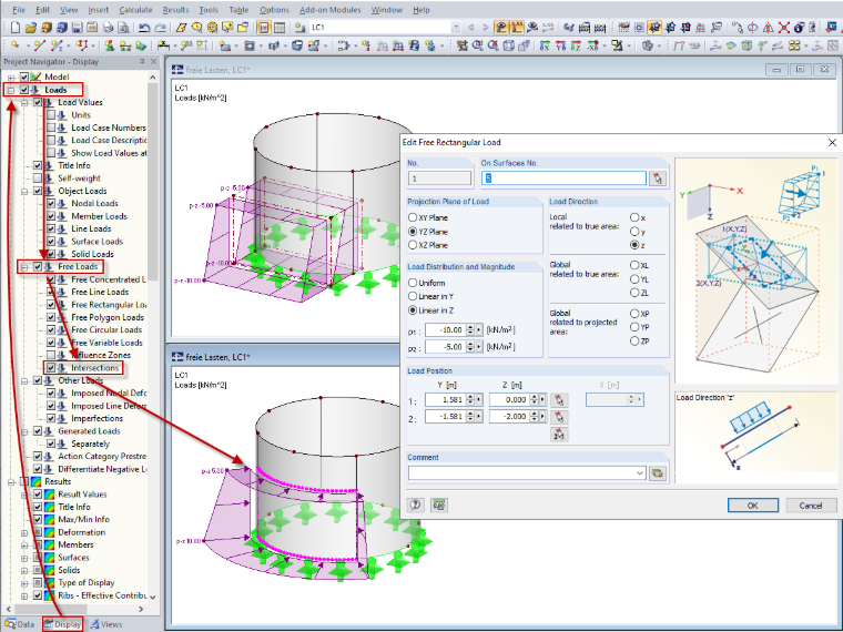 Displaying Intersection of Free Surface Loads