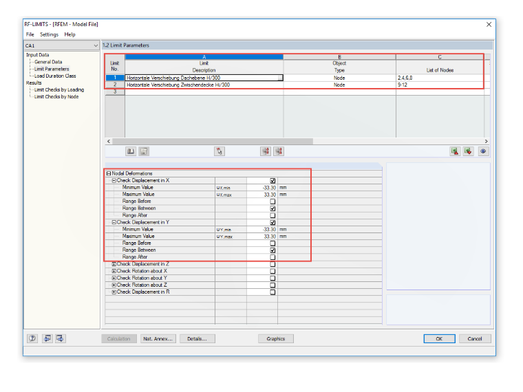Comparison of Displacements and Defined Limits