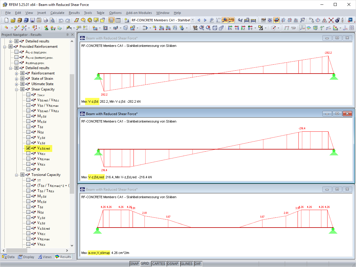 Graphical Display of Full / Reduced Shear Force and Required Shear Reinforcement