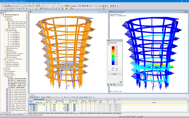 3D Model and Buckling Shape of Lookout Tower in RSTAB (© WIEHAG GmbH)