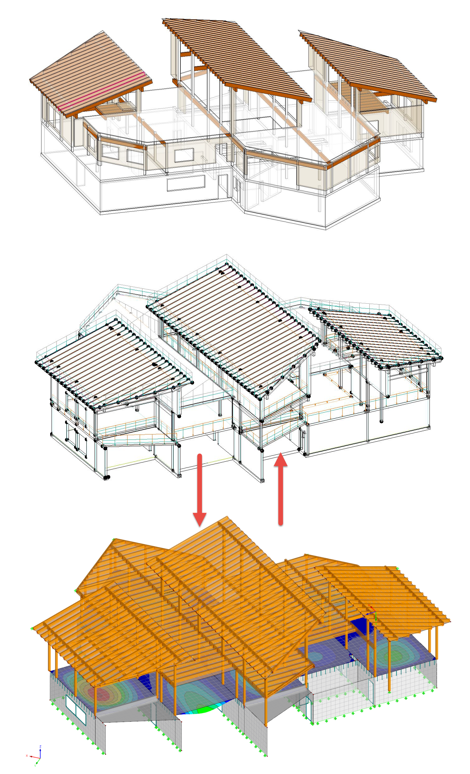 Top: Physical Revit Model, Middle: Analytical Revit Model, Bottom: RFEM Model (© AGA-Bau)