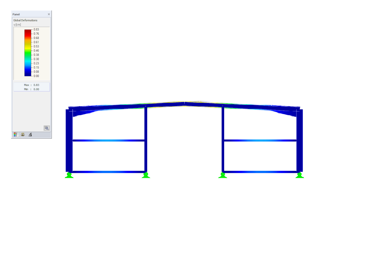 Steel Hall with Flat Buckled Duopitch Roof, Y-Axis Direction View, Deformation