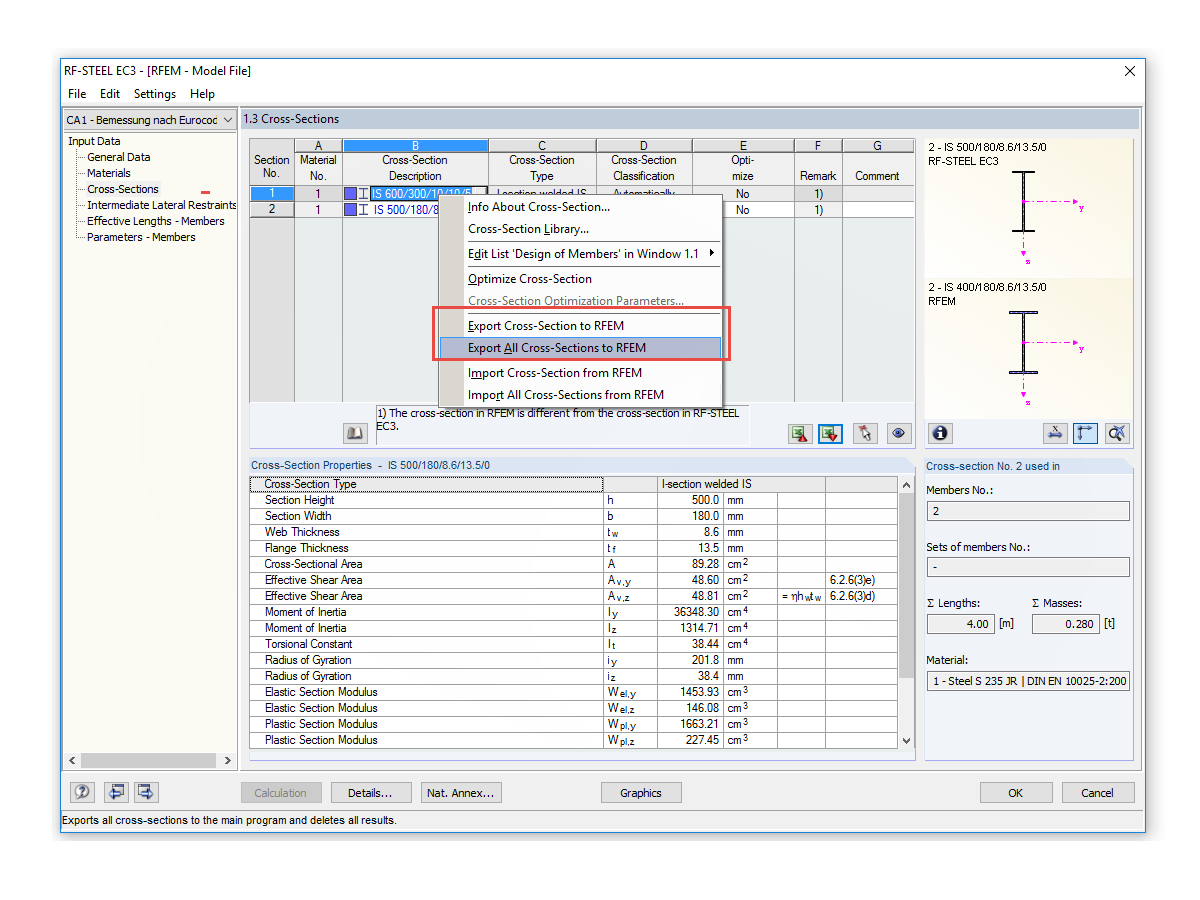Transfer of Cross-Sections to RSTAB/RFEM Main Program 
