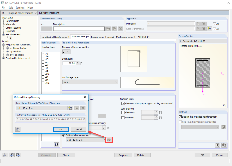 Button and Dialog Box "Defined Stirrup Spacing"