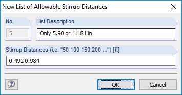 Defining New List of Stirrup Spacing