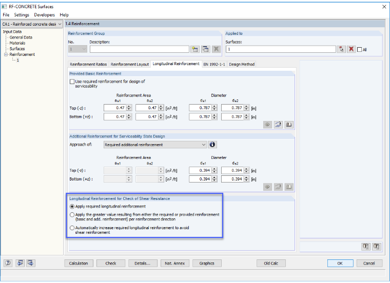 Required Longitudinal Reinforcement Options for Shear Force Design