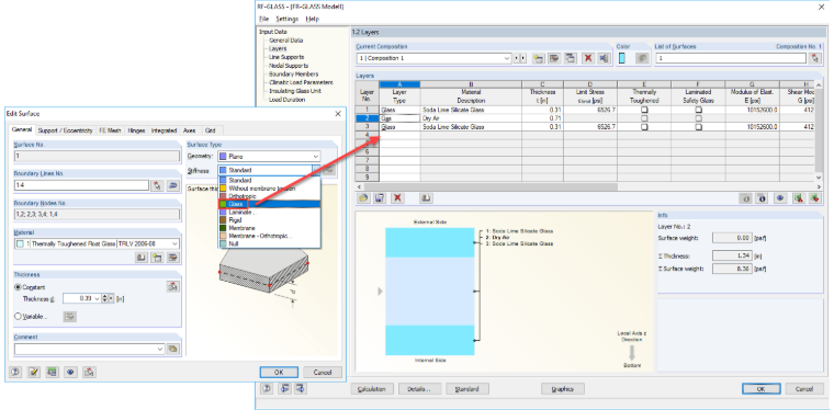 "Glass" Surface Type in RFEM and Definition of Layer Structure in RF-GLASS