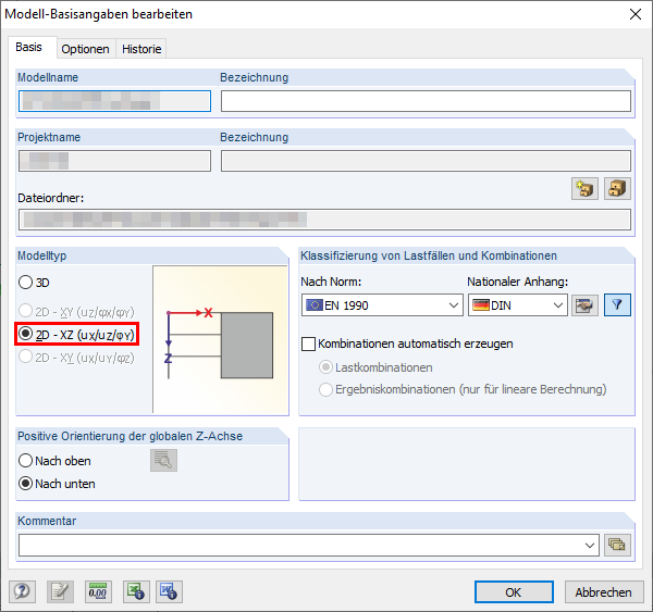 Dialog Box with Model General Data and Model Type Setting