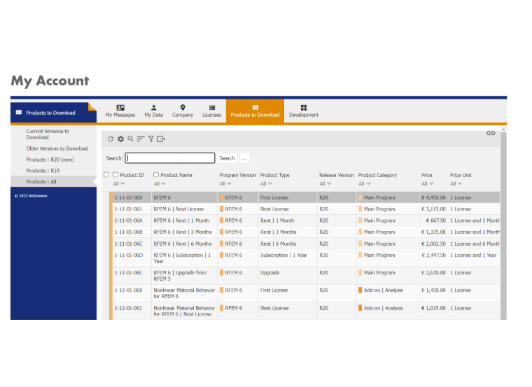 Product Downloads in Dlubal Account
