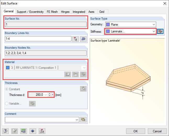 Dialog Box "Edit Surface" of Surface No. 1 with Stiffness from RF-LAMINATE [*S14647729*]