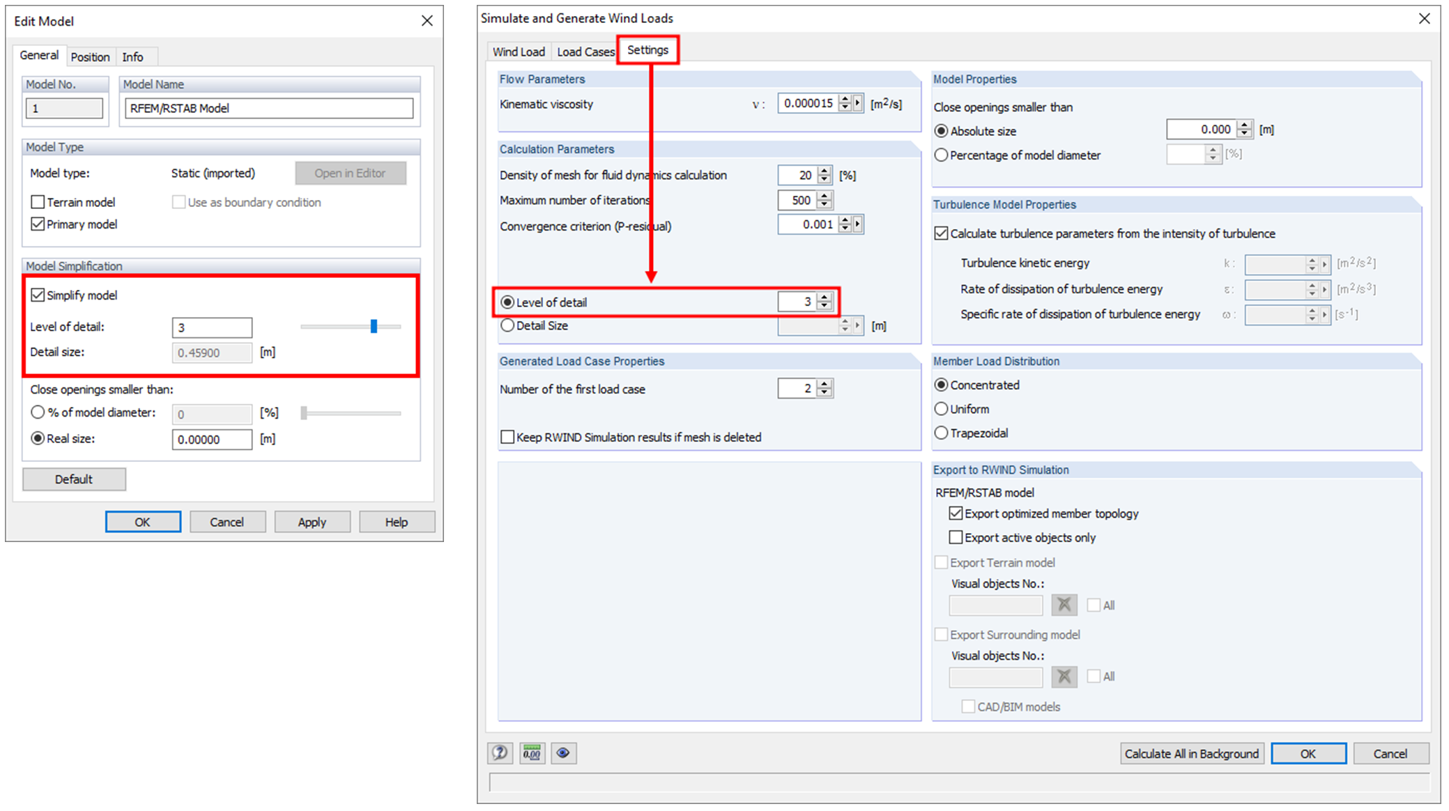 Setting Level of Detail in RWIND Simulation (Left) and in RFEM (Right)