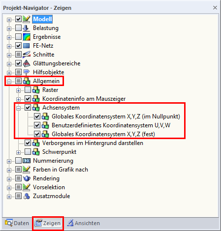 Settings for Display of Axis System in Display Navigator