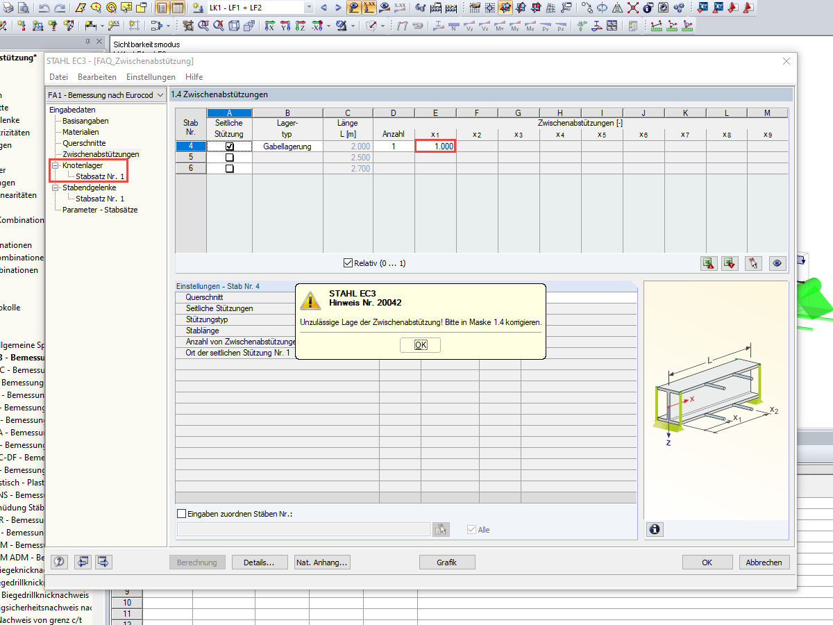Incorrect Entry of Intermediate Lateral Restraint for Input with Nodal Supports