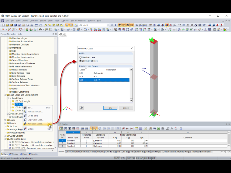 Right-Clicking Existing Load Case and Selecting "Add Load Cases"