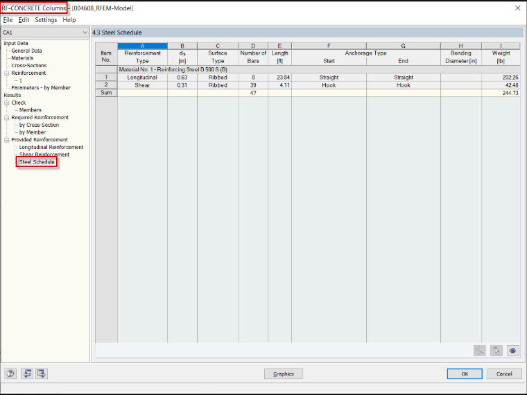 Steel Schedule in RF-CONCRETE Columns