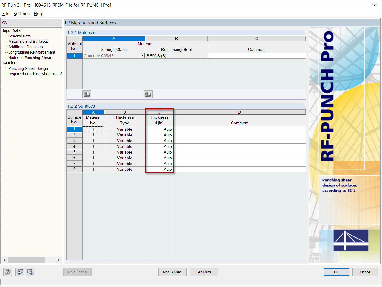 Window 1.2 Materials and Surfaces in RF-PUNCH Pro with Setting of Surface Thickness