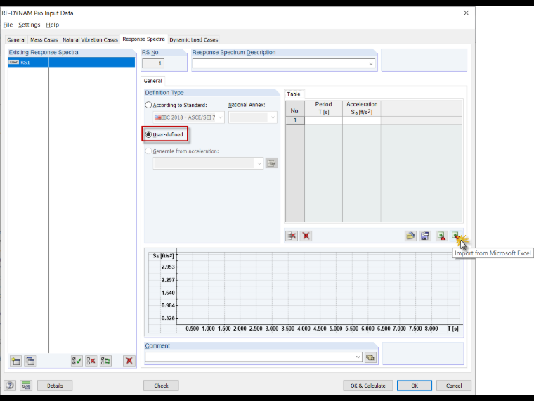 Importing Parameters of User-Defined Response Spectrum from Excel