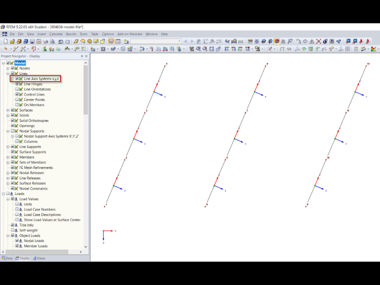 Activating Local Line Axis Aystems x, y, z in Display Navigator