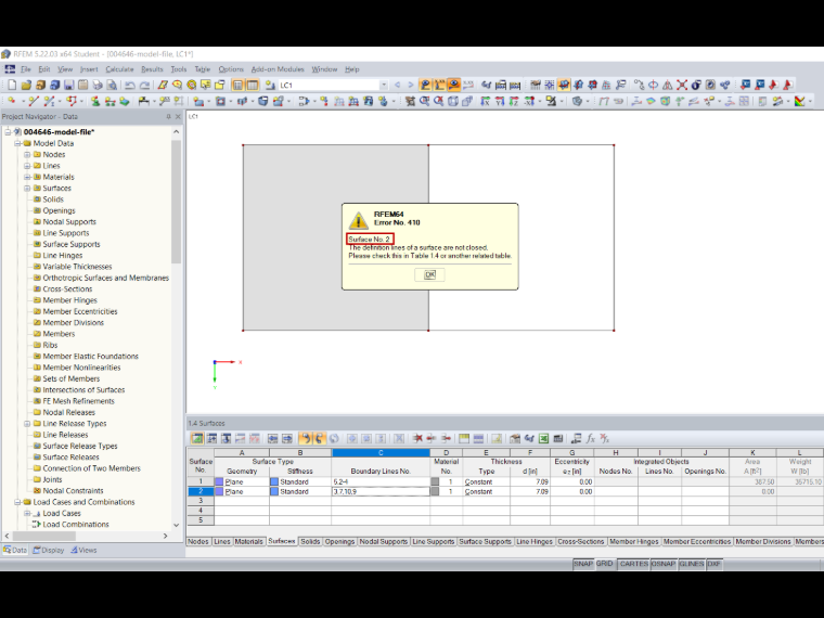 Error Message "The definition lines of a surface are not closed"
