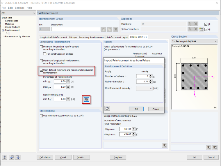 Window 1.4 in RF-CONCRETE Columns with Setting of Provided Basic Reinforcement