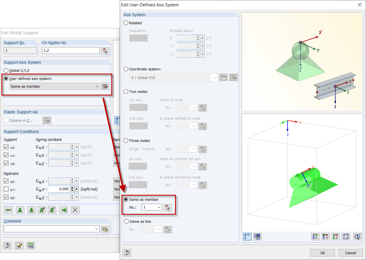 Nodal Support Axis System Same as Member