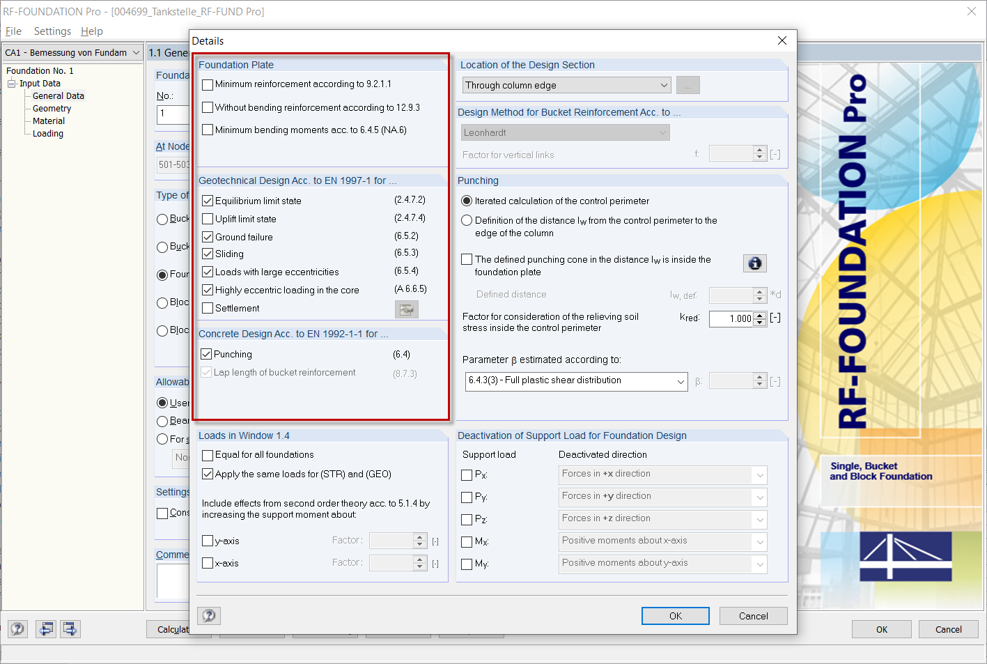 Detailed Settings in RF-/FOUNDATION Pro with Selection of Available Design Checks